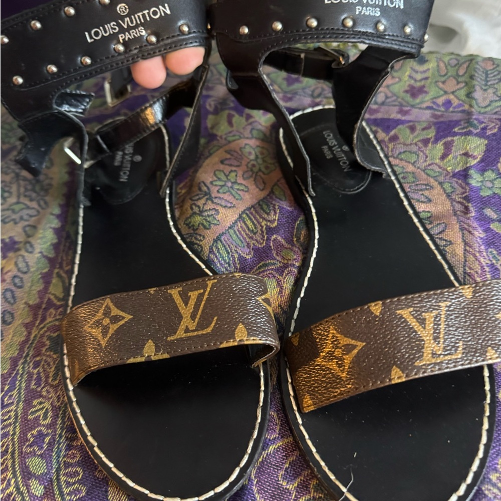 Louis Vuitton Black Leather Studded Sandals, size 9